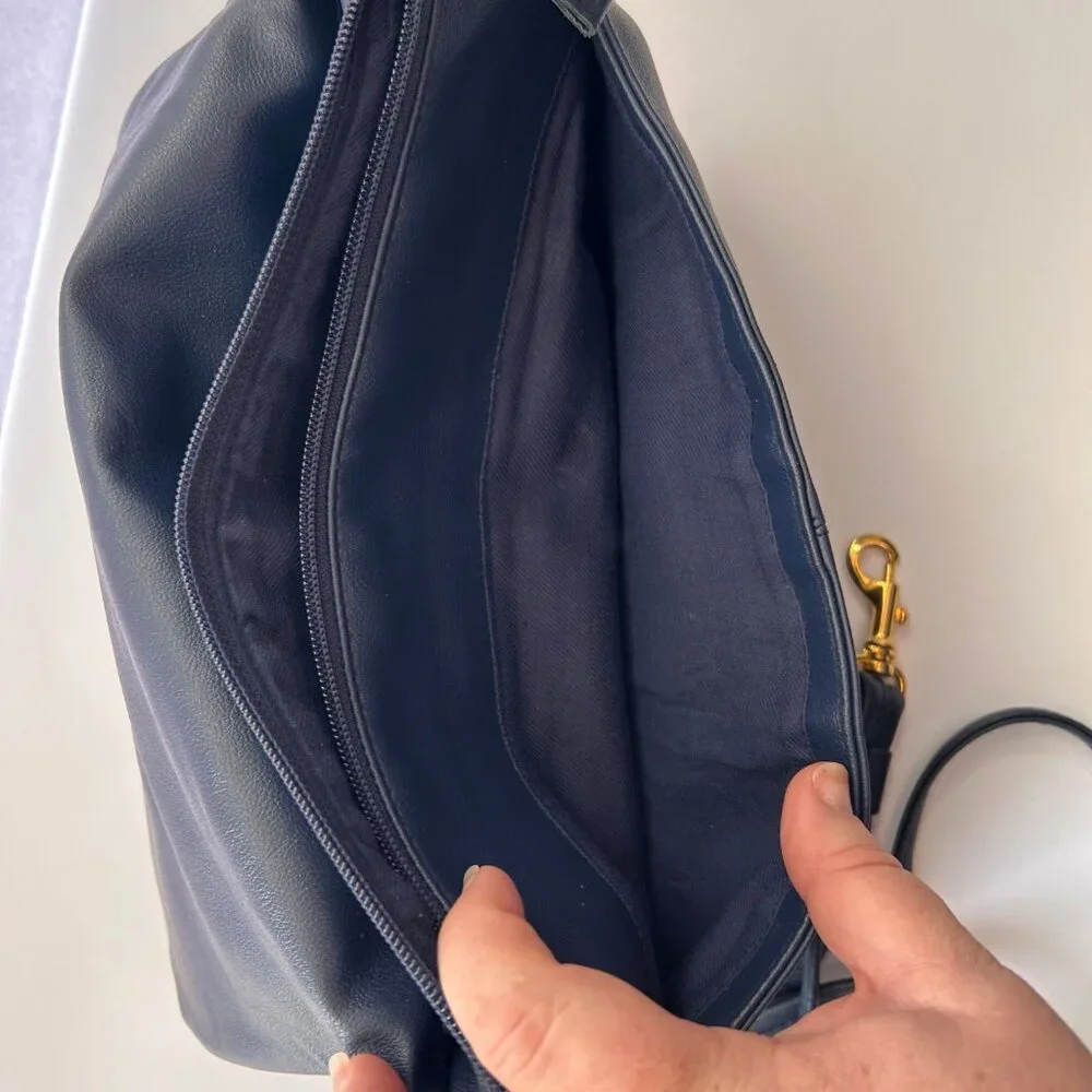 Vintage 90s Slouchy Navy Crossbody Bag with Flap and Gold Hardware